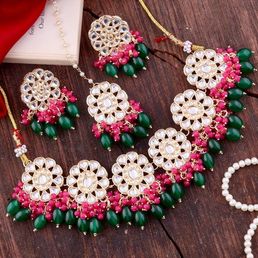 Pink Green Yuvraj Choker Necklace Set with Earring and Teeka