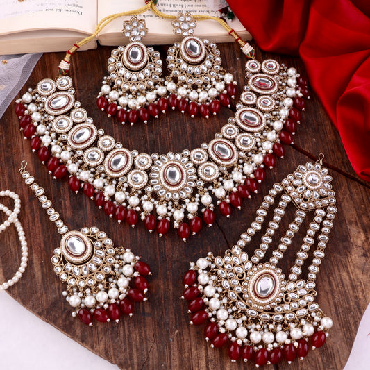 Dark Red Gurkeerat Necklace Earring with Teeka and Side Jhumar/Passa