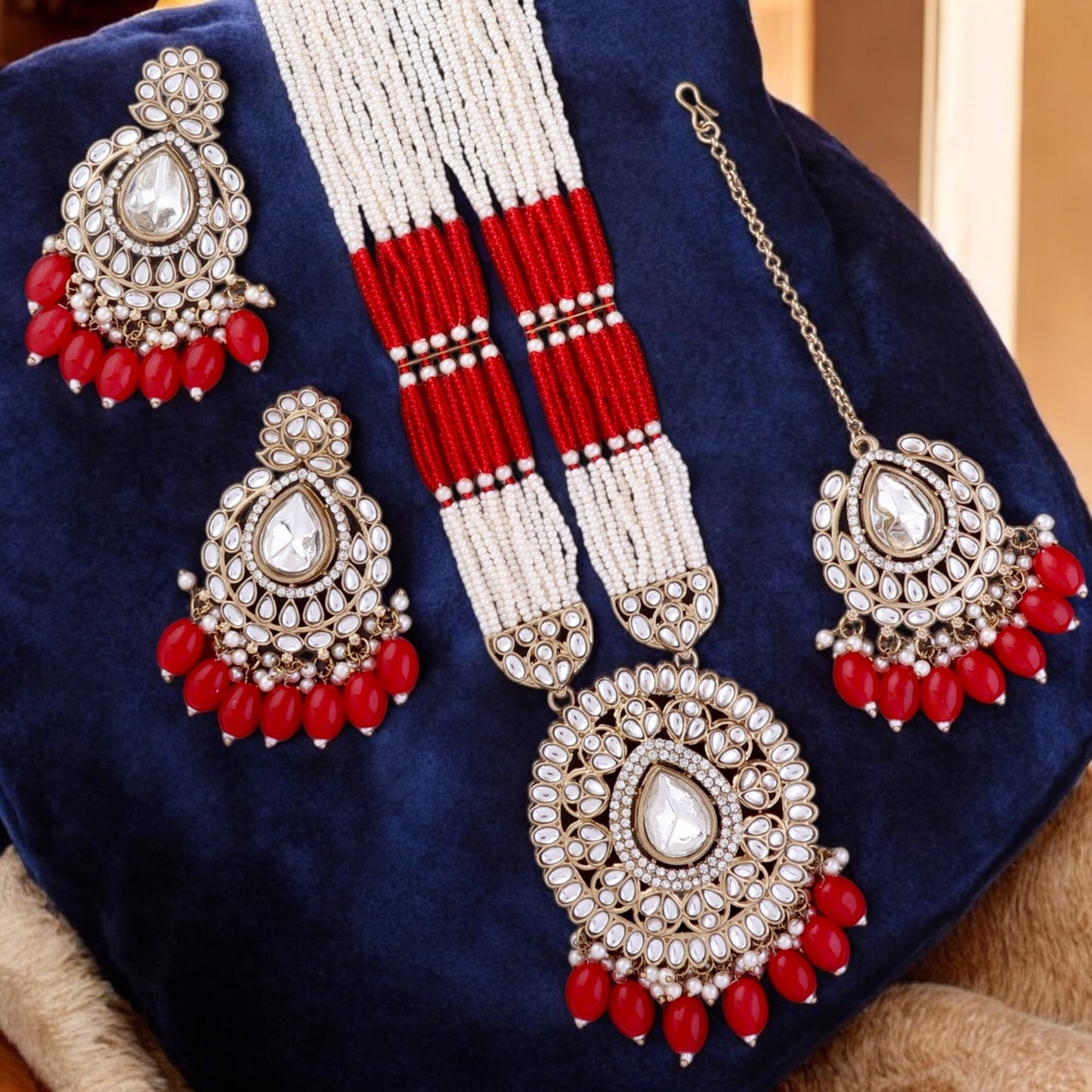 Red Harnoor Premium Long Necklace with Earring and Mangteeka