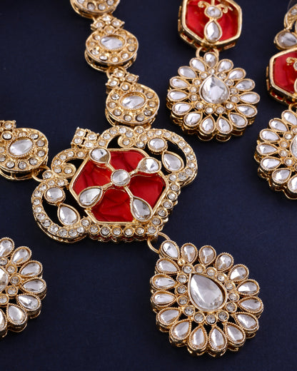 Red Vrinda Long Necklace Set with Earring and Teeka