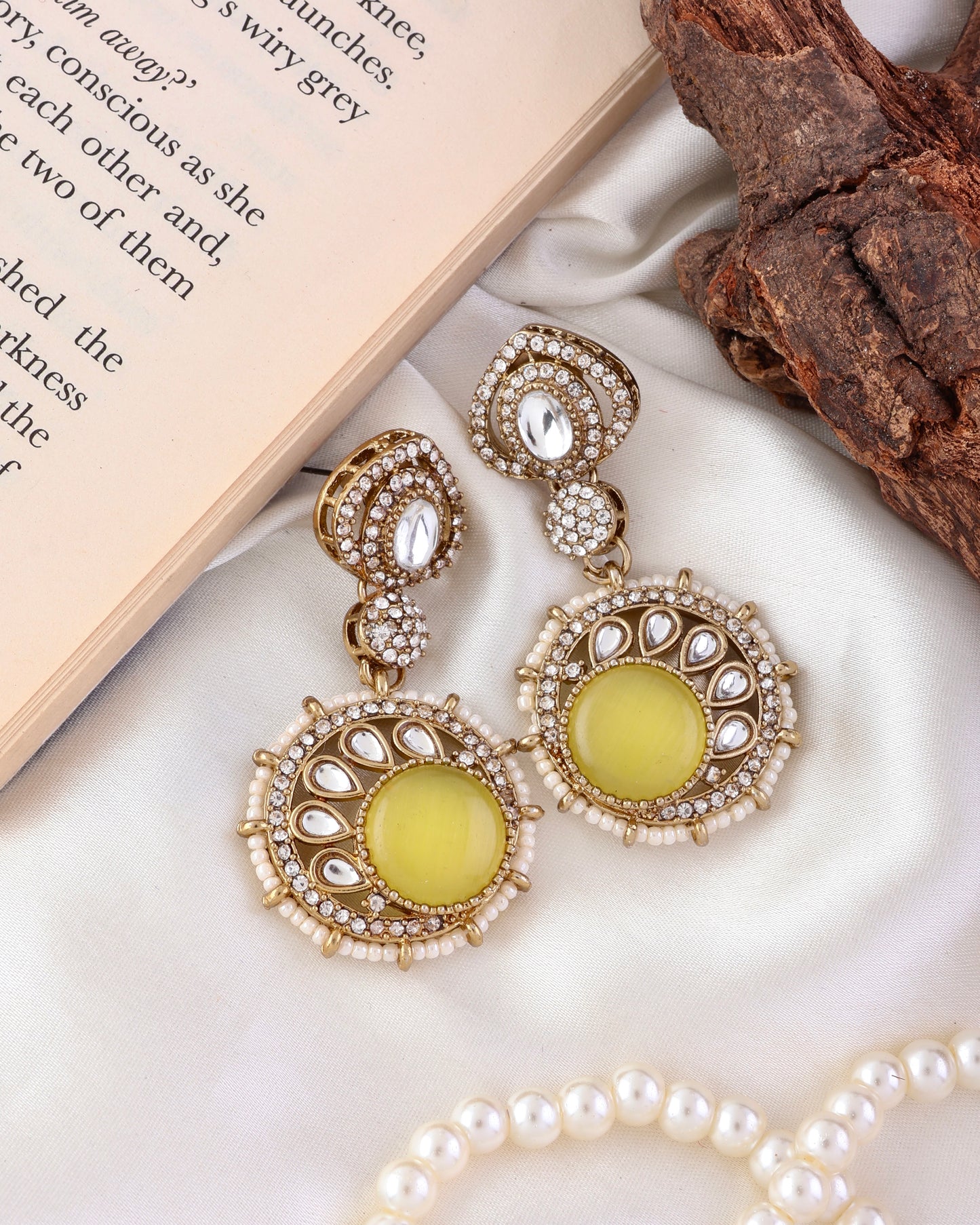 Yellow Tanshika Premium Designer Zircone Polki Dupe Earring