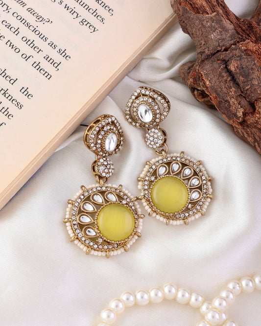 Yellow Tanshika Premium Designer Zircone Polki Dupe Earring