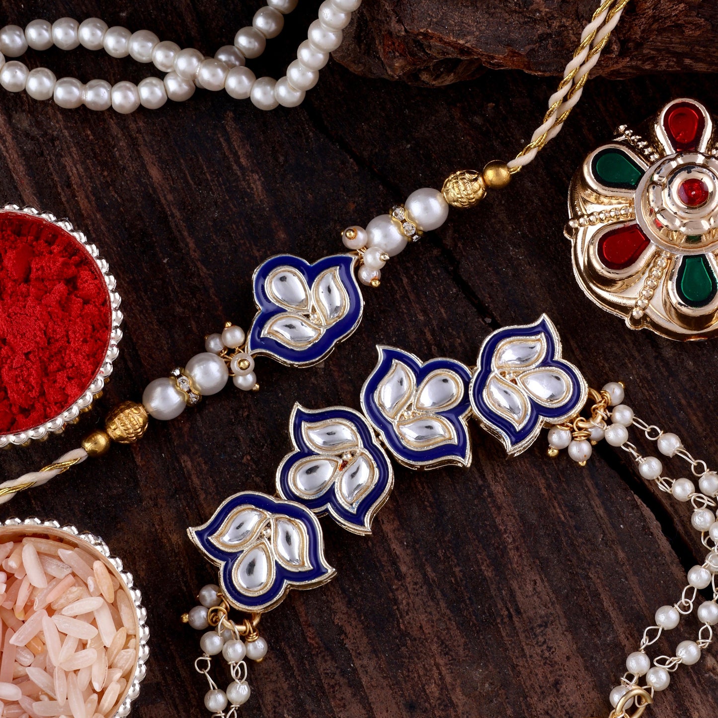 Blue Devina Bhaiya Bhabhi Rakhi with Tilak Set and Card