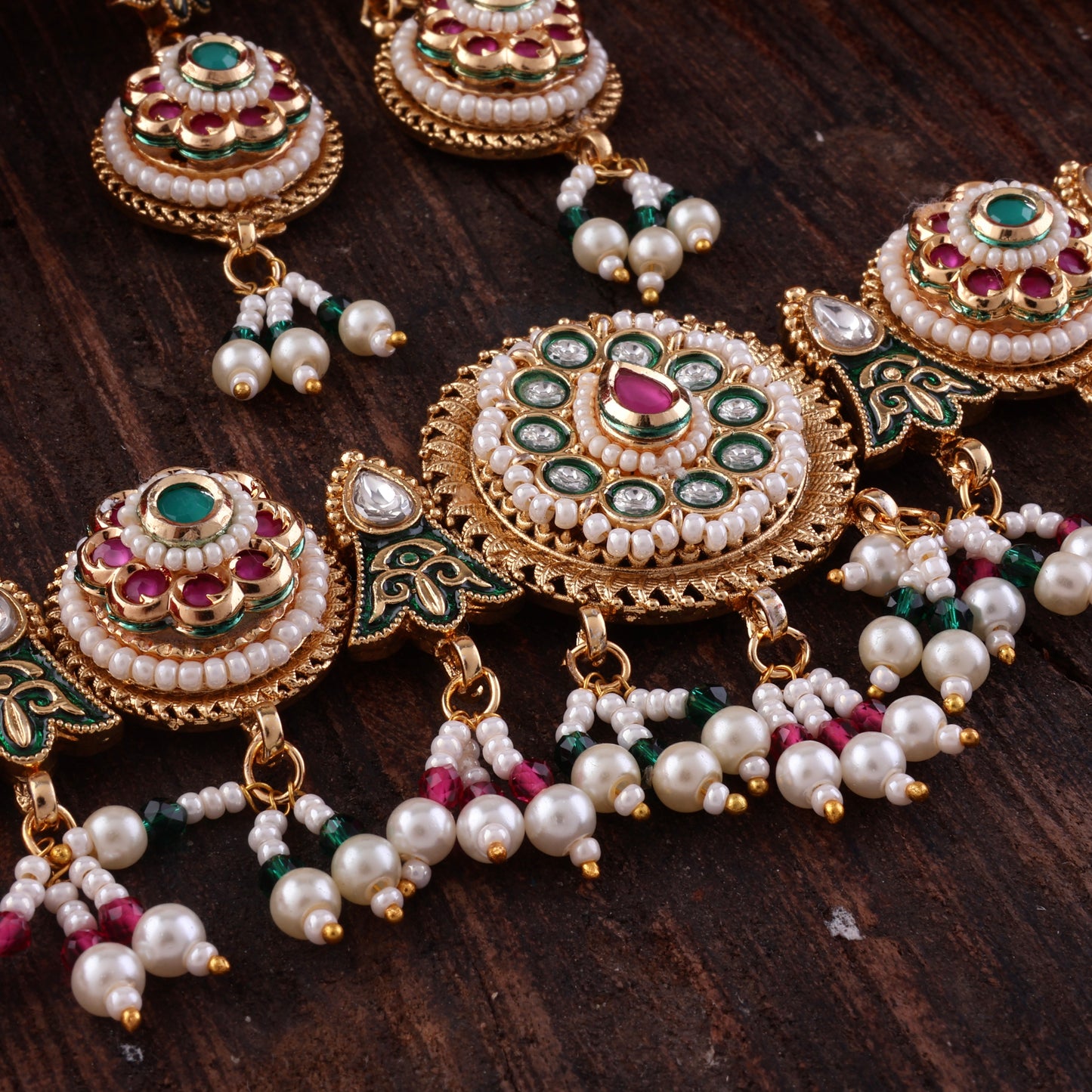 Green Pink Ahilya Rajwada Choker set with Earring