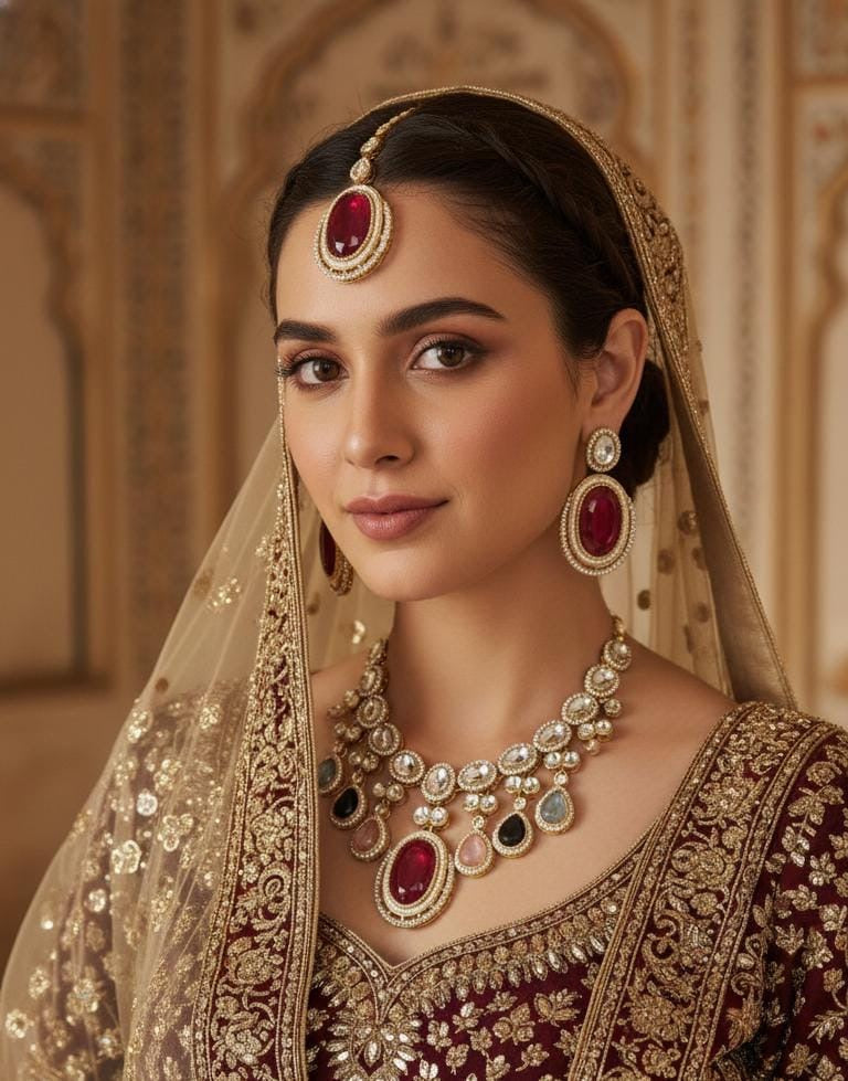Nirvi Premium Polki Dupe Necklace with Earring and Mangteeka