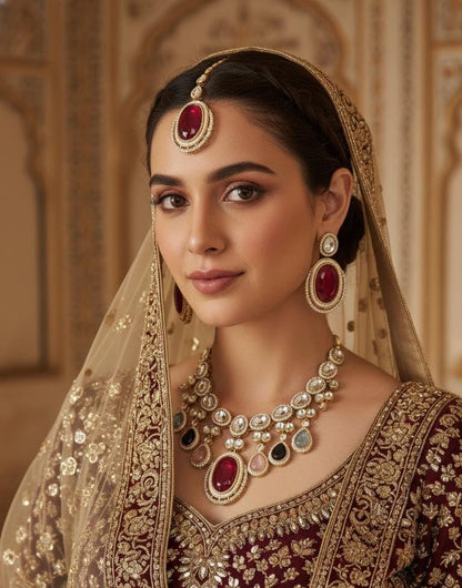 Nirvi Premium Polki Dupe Necklace with Earring and Mangteeka