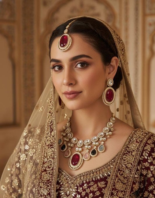 Nirvi Premium Polki Dupe Necklace with Earring and Mangteeka