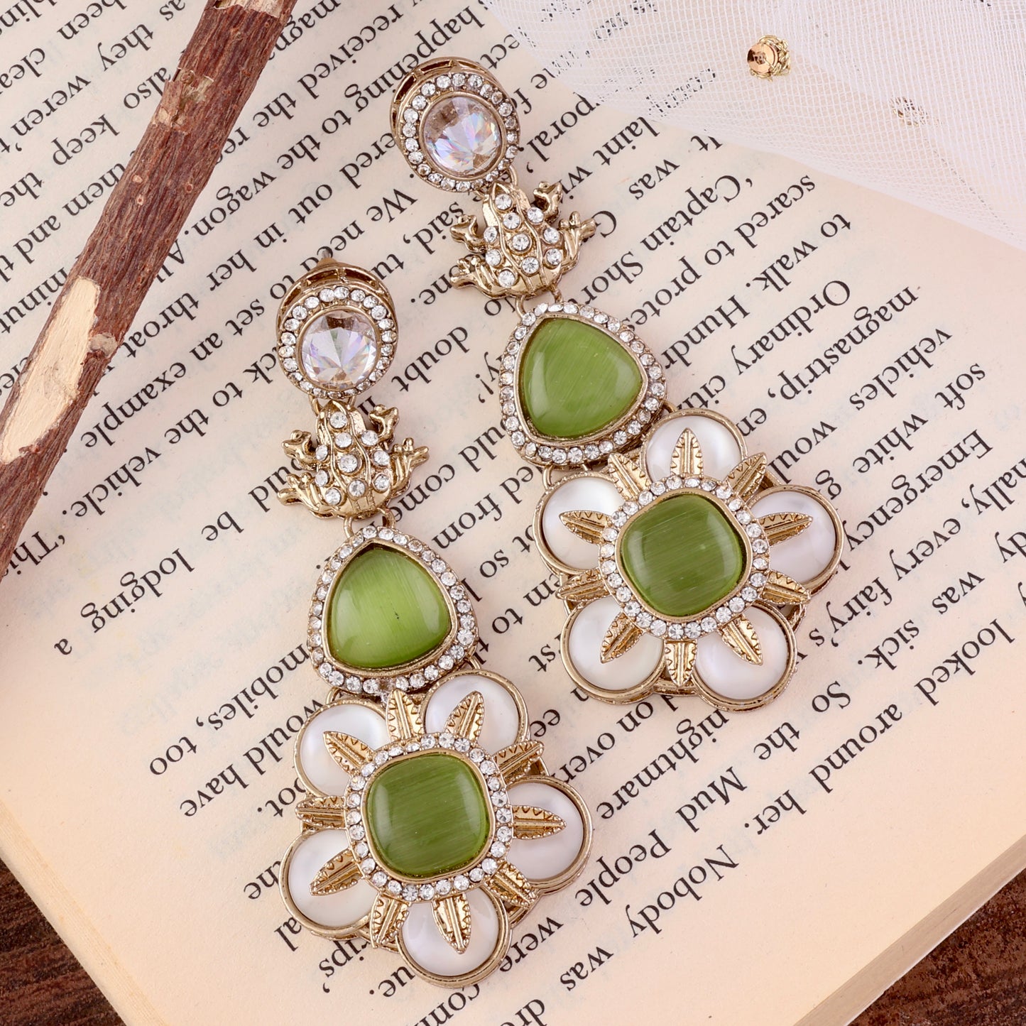 Olive Green Asher Designer Earring with Premium Monalisa and Zircone Stone Detailing