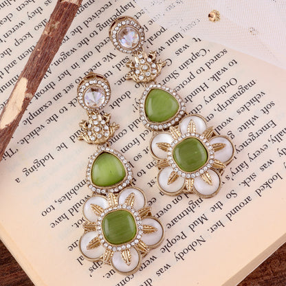 Olive Green Asher Designer Earring with Premium Monalisa and Zircone Stone Detailing