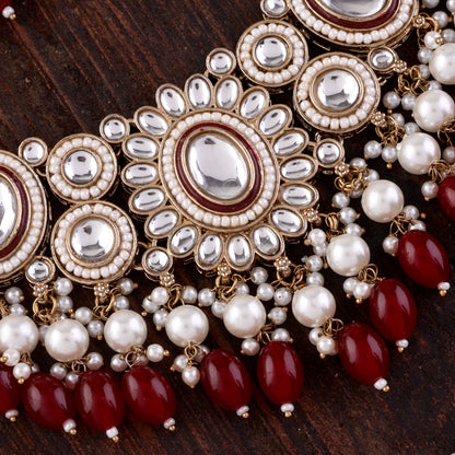 Dark Red Gurkeerat Necklace Earring with Teeka and Side Jhumar/Passa