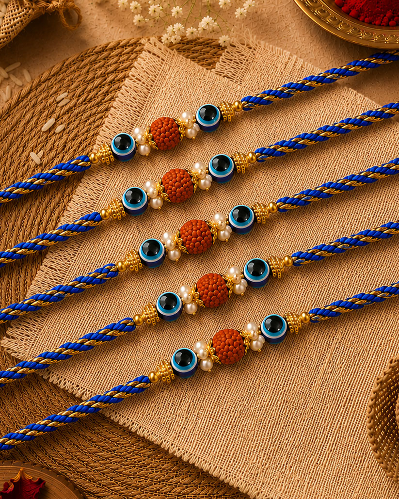 Pack of 5 Prithvi Rudraksh Rakhi for Brother | Tilak Set Included