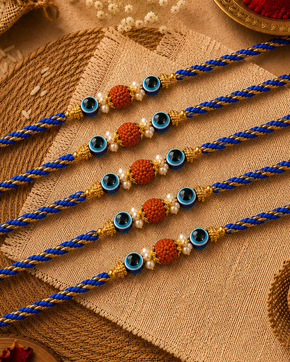 Pack of 5 Prithvi Rudraksh Rakhi for Brother | Tilak Set Included