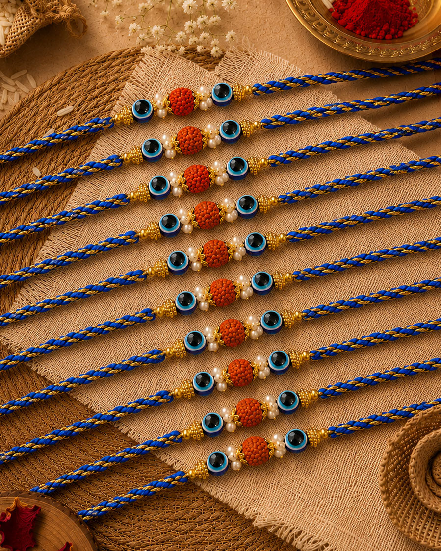 Pack of 10 Prithvi Rudraksh Rakhi for Brother | Tilak Set Included