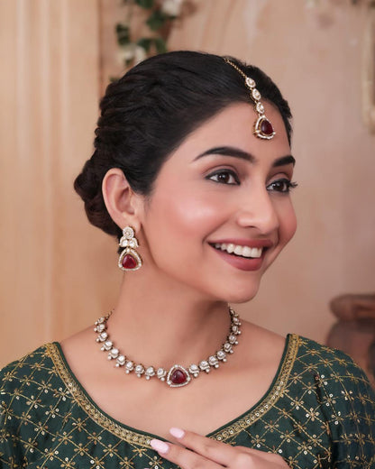 Ruby Adhvika Designer Monalisa and Zircone Necklace Set with Earring & Teeka