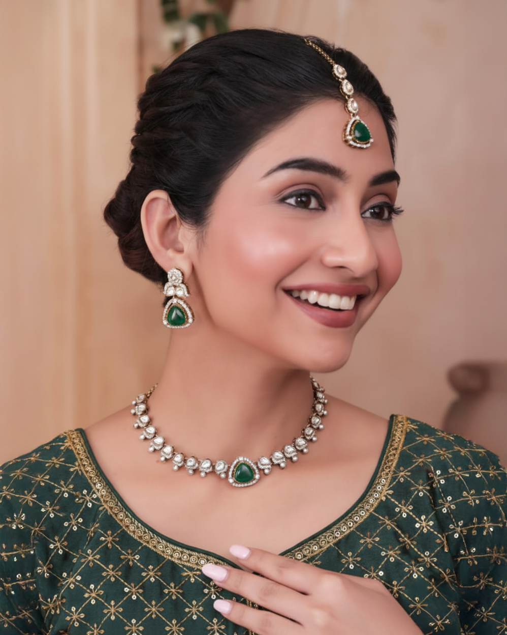 Emerald Adhvika Designer Monalisa and Zircone Necklace Set with Earring & Teeka