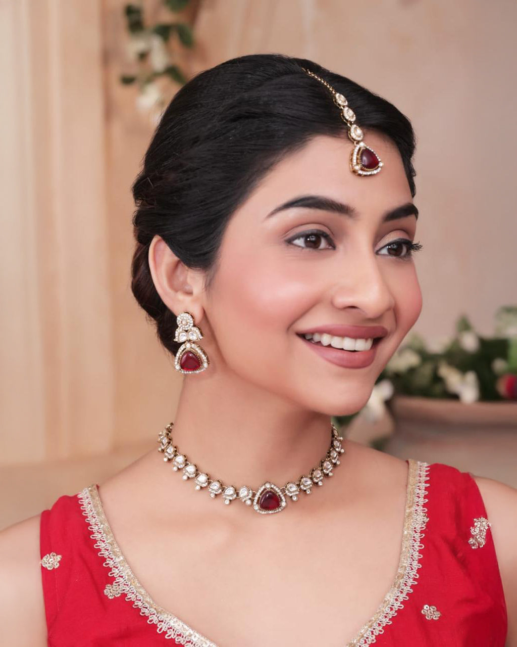 Ruby Adhvika Designer Monalisa and Zircone Necklace Set with Earring & Teeka