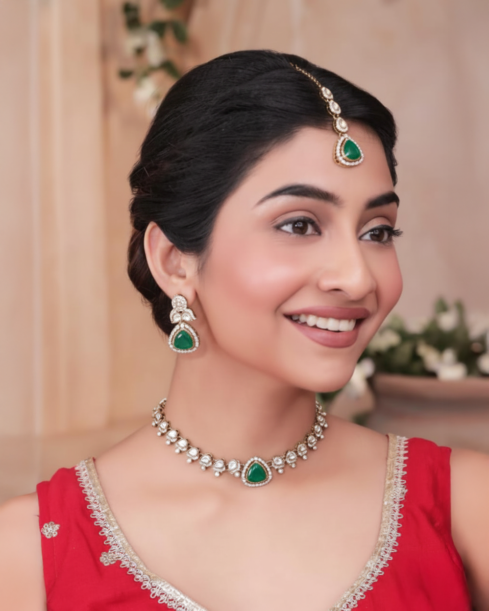 Emerald Adhvika Designer Monalisa and Zircone Necklace Set with Earring & Teeka