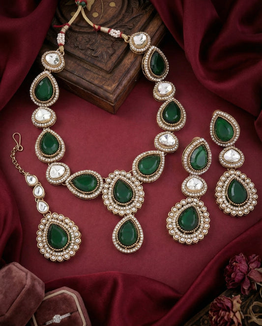 Green Amani Premium Designer Zircone Polki Dupe Necklace With Earring & Teeka