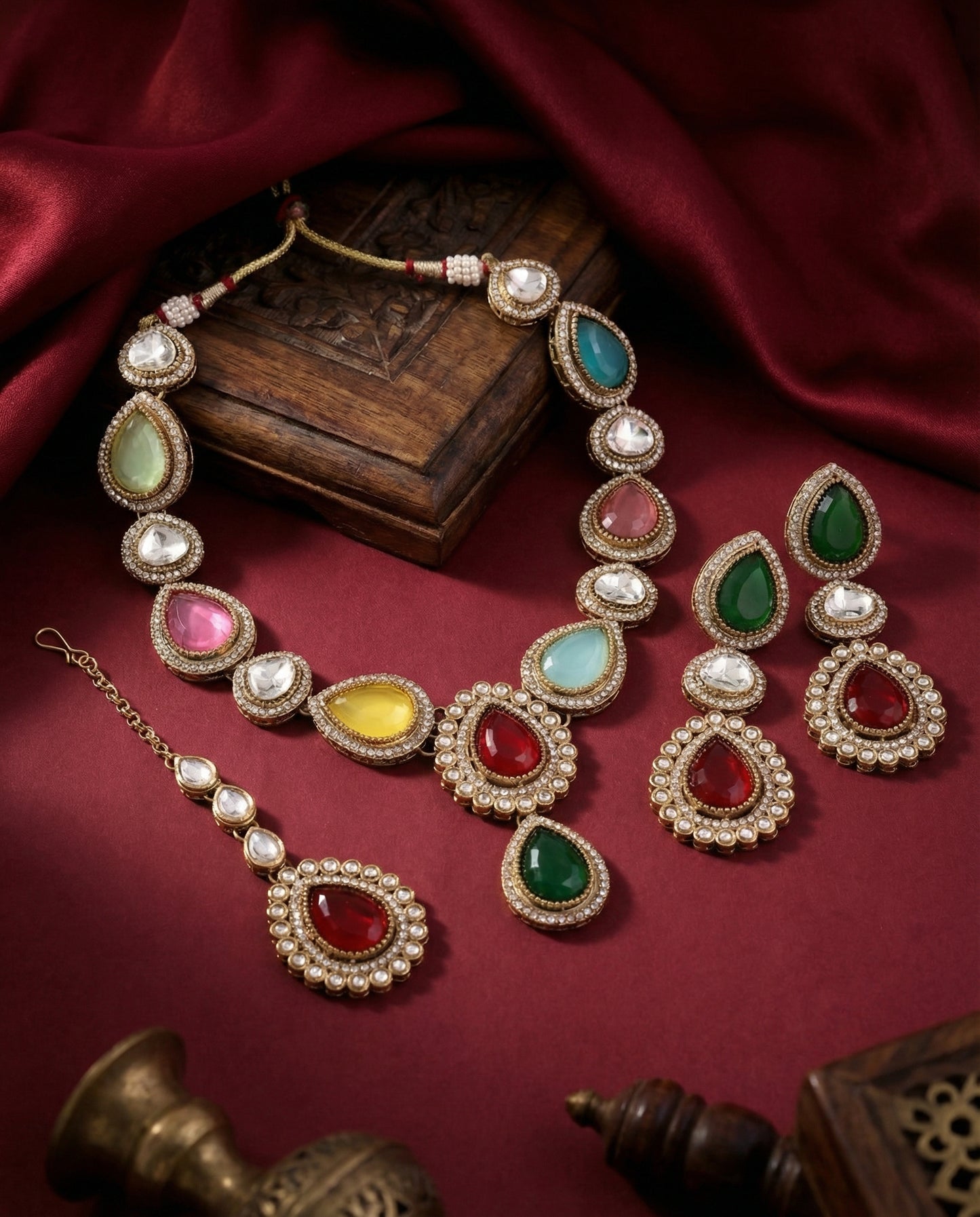 Multi Amani Premium Designer Zircone Polki Dupe Necklace With Earring & Teeka