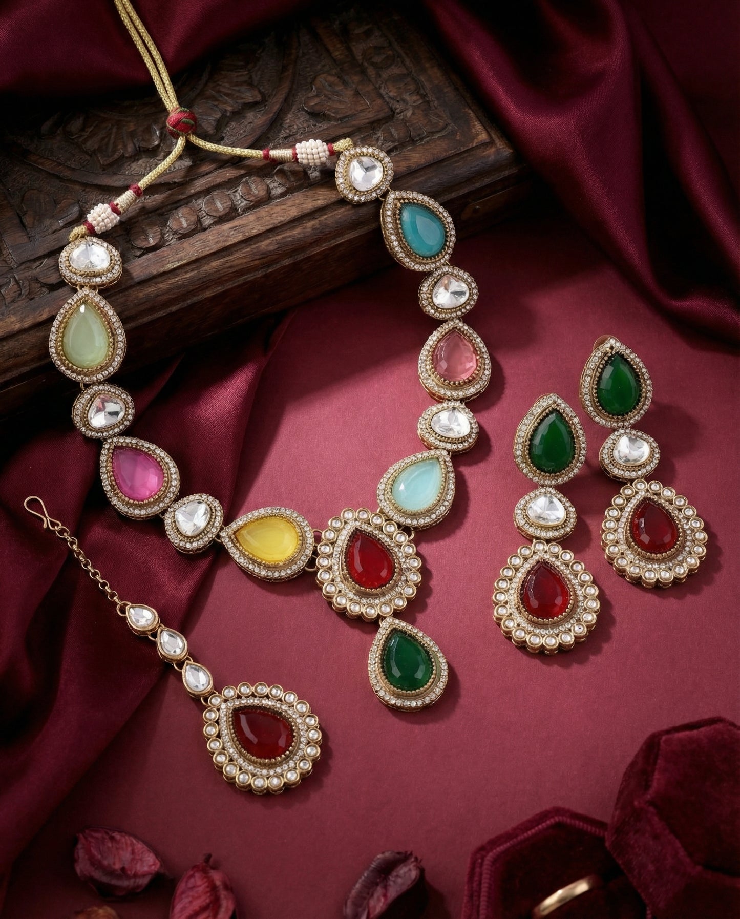 Multi Amani Premium Designer Zircone Polki Dupe Necklace With Earring & Teeka