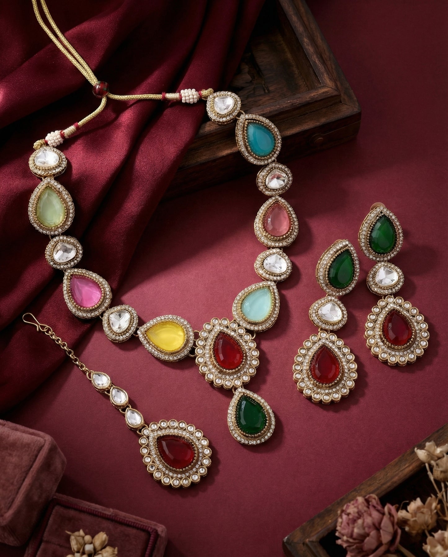 Multi Amani Premium Designer Zircone Polki Dupe Necklace With Earring & Teeka