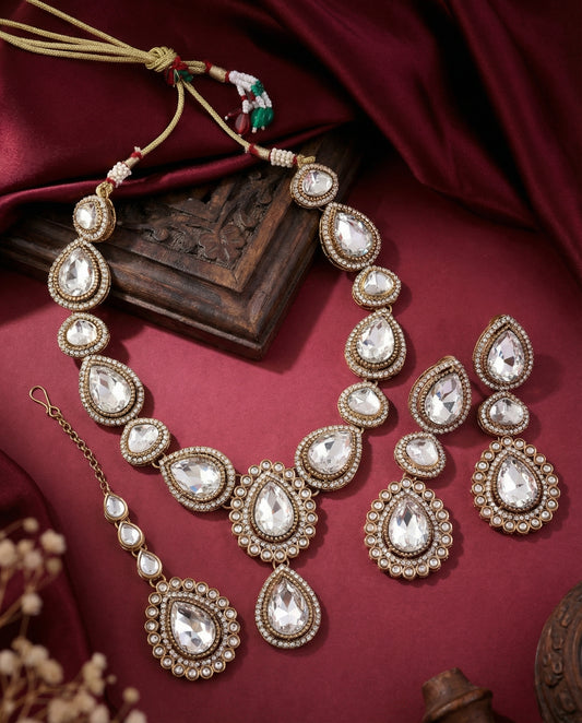 Silver Amani Premium Designer Zircone Polki Dupe Necklace With Earring & Teeka