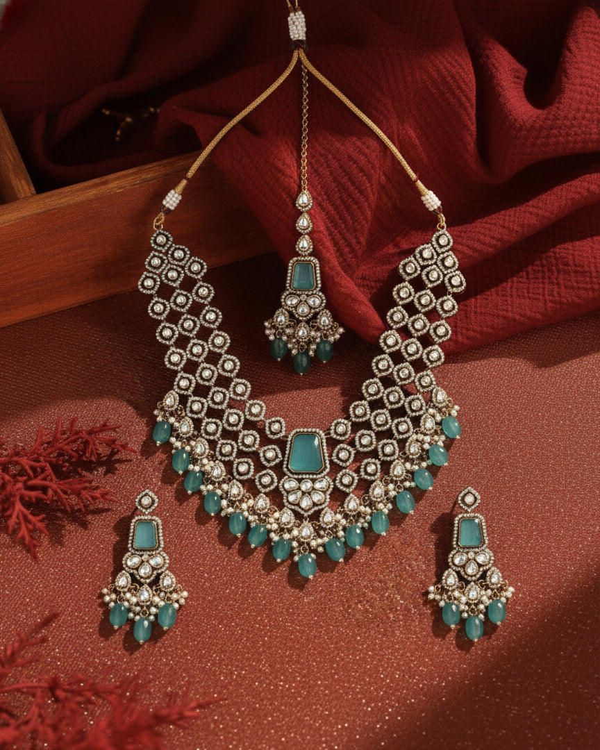 Mint Arizona Premium Monalisa Layered Necklace Set with Earring and Teeka