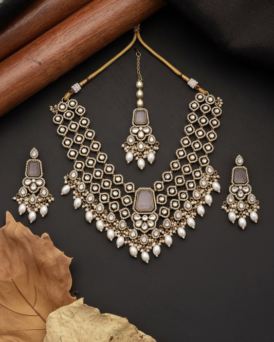 Ivory Arizona Premium Monalisa Layered Necklace Set with Earring and Teeka