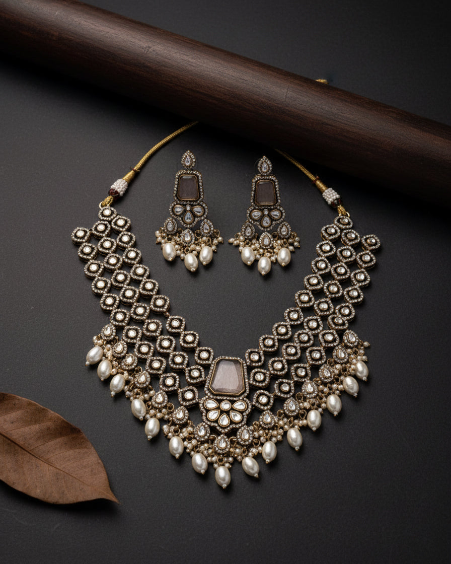 Ivory Arizona Premium Monalisa Layered Necklace Set with Earring and Teeka