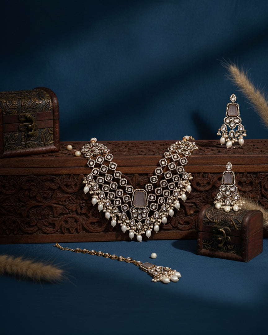 Ivory Arizona Premium Monalisa Layered Necklace Set with Earring and Teeka