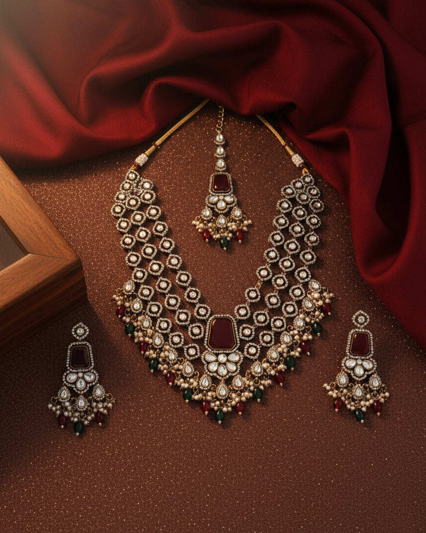 Maroon Red Arizona Premium Monalisa Layered Necklace Set with Earring and Teeka