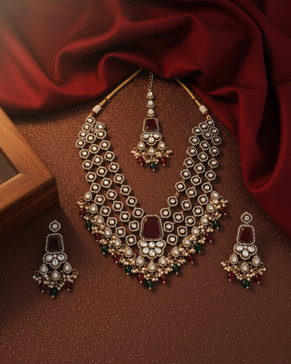 Maroon Red Arizona Premium Monalisa Layered Necklace Set with Earring and Teeka