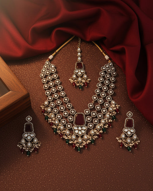 Maroon Red Arizona Premium Monalisa Layered Necklace Set with Earring and Teeka