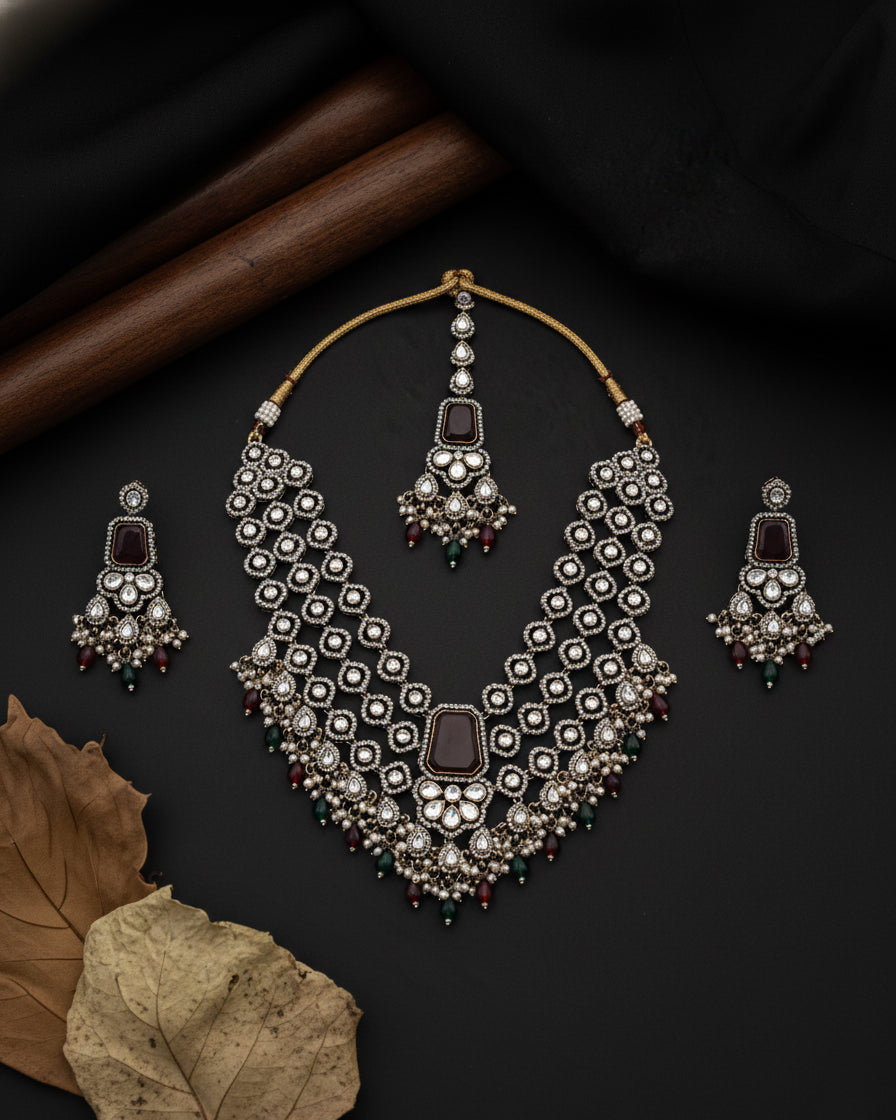 Maroon Red Arizona Premium Monalisa Layered Necklace Set with Earring and Teeka