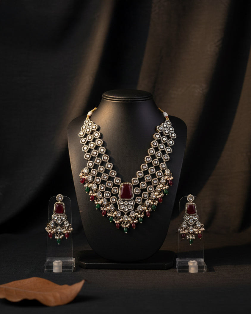 Maroon Red Arizona Premium Monalisa Layered Necklace Set with Earring and Teeka