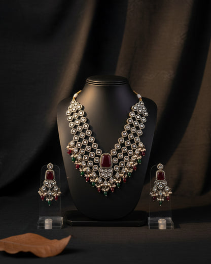 Maroon Red Arizona Premium Monalisa Layered Necklace Set with Earring and Teeka