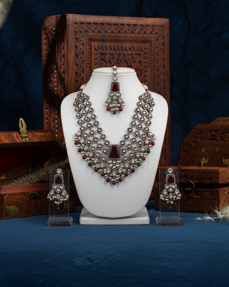 Maroon Red Arizona Premium Monalisa Layered Necklace Set with Earring and Teeka