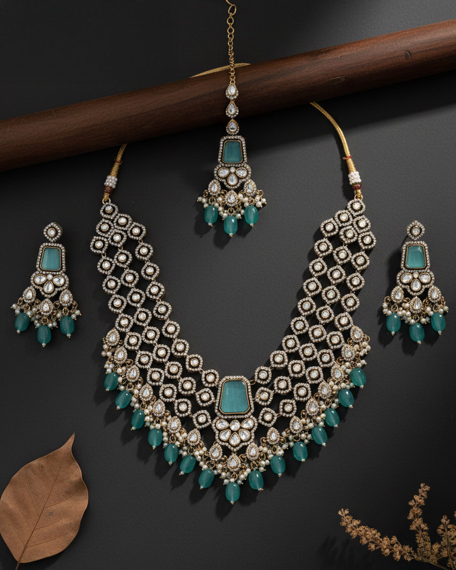Mint Arizona Premium Monalisa Layered Necklace Set with Earring and Teeka