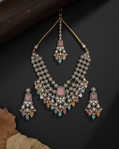 Pastel Multi Arizona Premium Monalisa Layered Necklace Set with Earring and Teeka