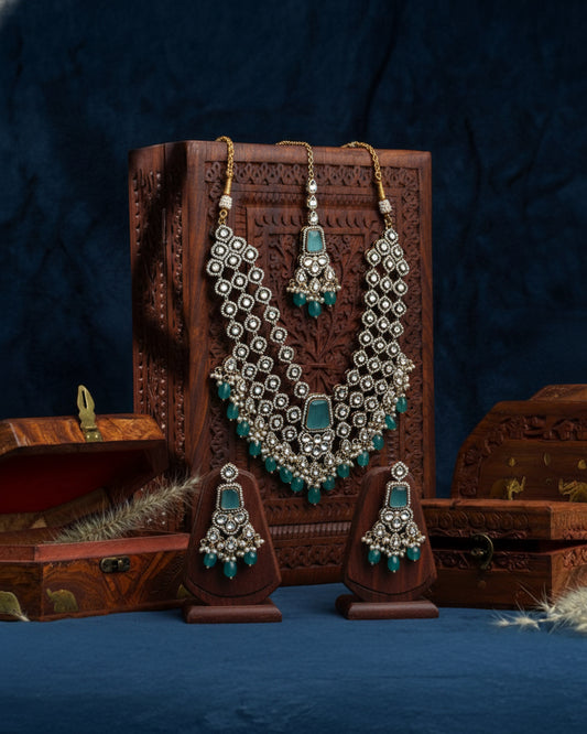 Turquoise Arizona Premium Monalisa Layered Necklace Set with Earring and Teeka