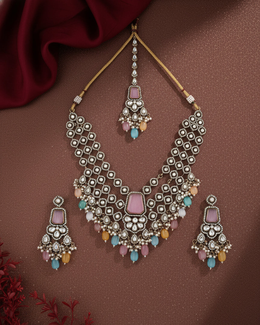 Pastel Multi Arizona Premium Monalisa Layered Necklace Set with Earring and Teeka