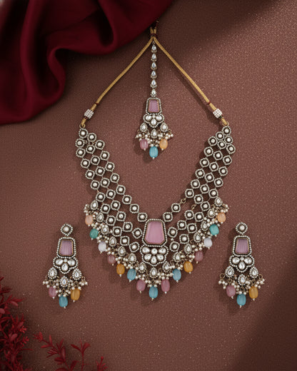 Pastel Multi Arizona Premium Monalisa Layered Necklace Set with Earring and Teeka
