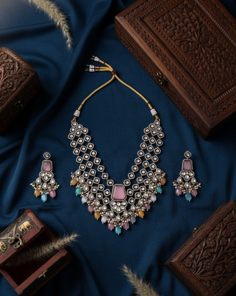 Pastel Multi Arizona Premium Monalisa Layered Necklace Set with Earring and Teeka