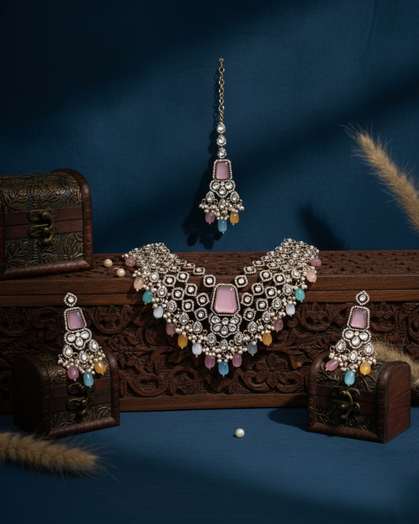 Pastel Multi Arizona Premium Monalisa Layered Necklace Set with Earring and Teeka