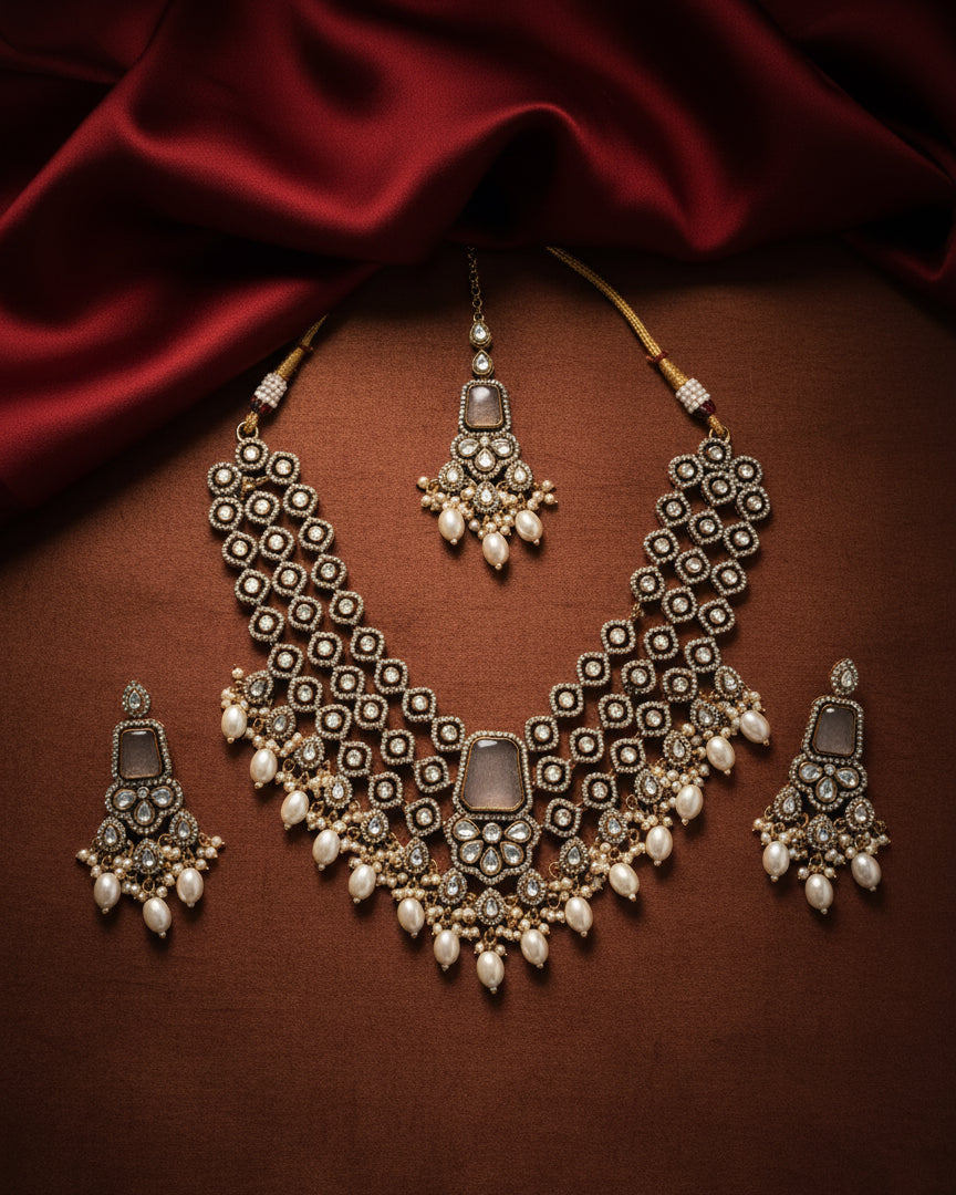 Ivory Arizona Premium Monalisa Layered Necklace Set with Earring and Teeka