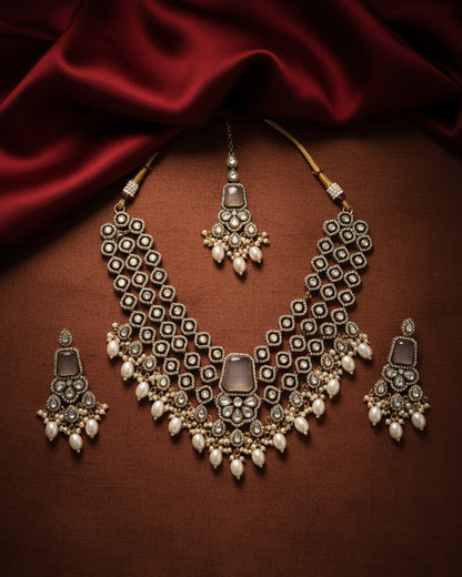 Ivory Arizona Premium Monalisa Layered Necklace Set with Earring and Teeka