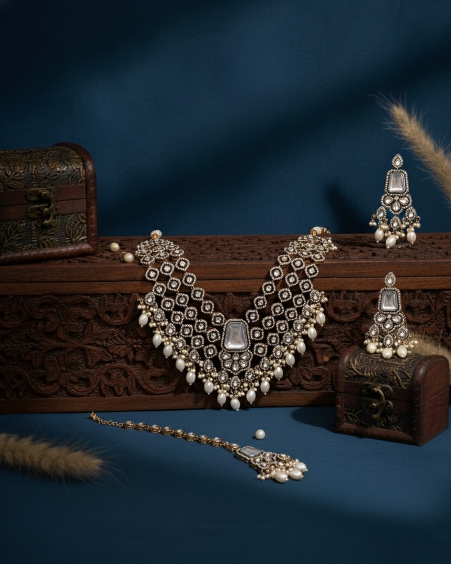 Silver Arizona Premium Monalisa Layered Necklace Set with Earring and Teeka