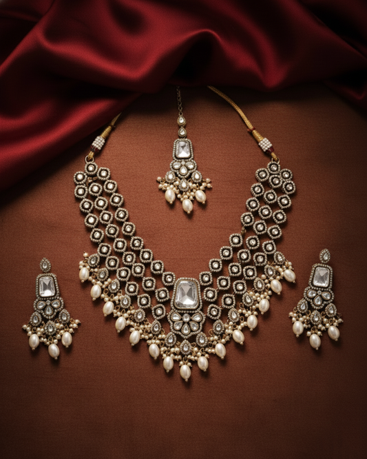 Silver Arizona Premium Monalisa Layered Necklace Set with Earring and Teeka