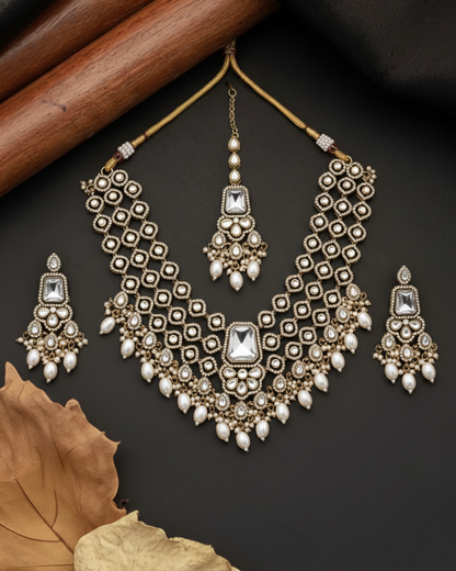 Silver Arizona Premium Monalisa Layered Necklace Set with Earring and Teeka