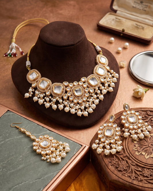 Pearl Induriva Premium Zircone Polki Dupe Necklace Set